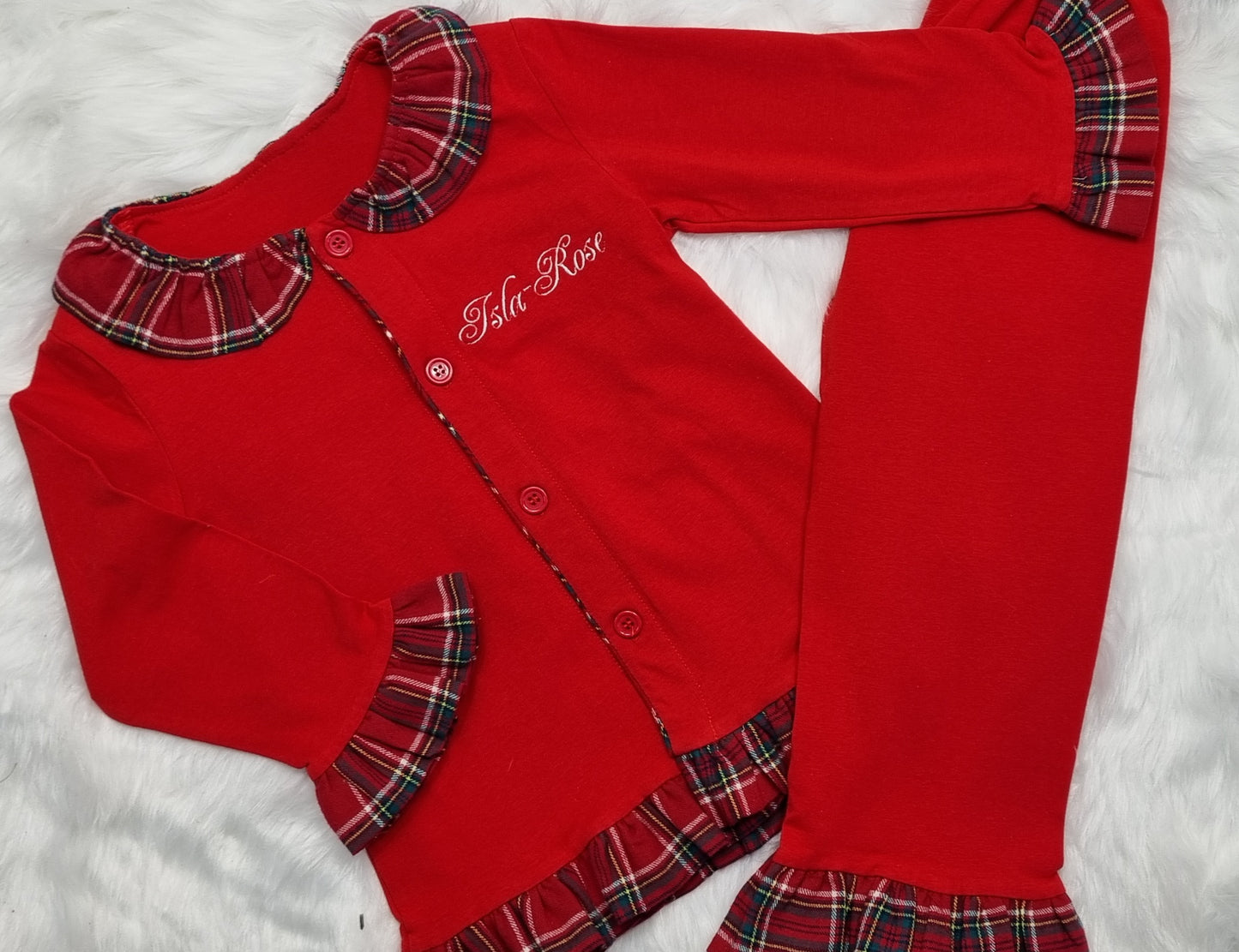 Tartan trim red cotton christmas pyjamas girls and boys