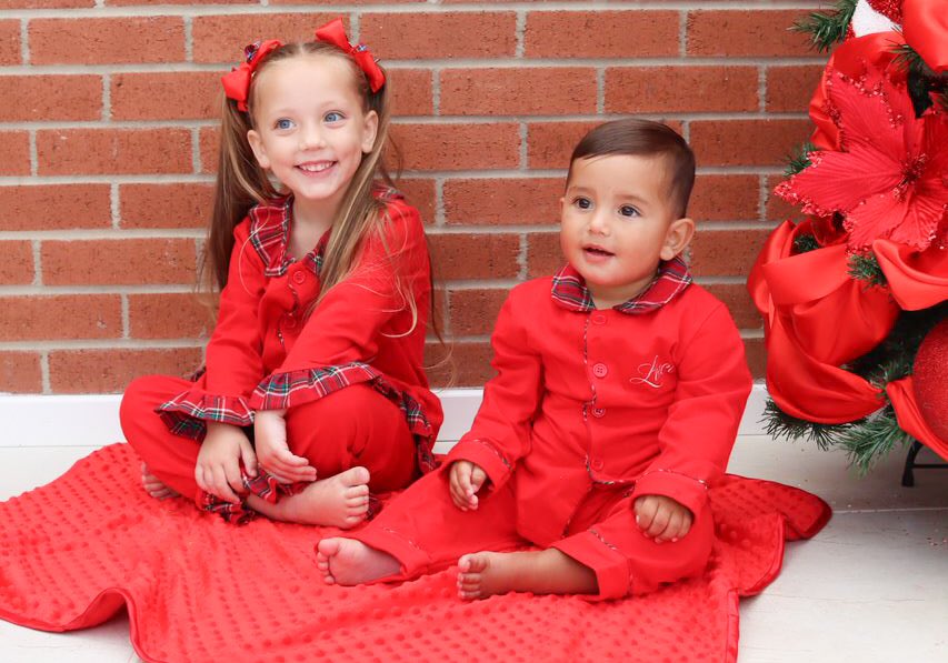 Tartan trim red cotton christmas pyjamas girls and boys