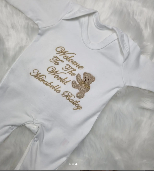 Welcome to the world matching family   white  personalised sleepsuit